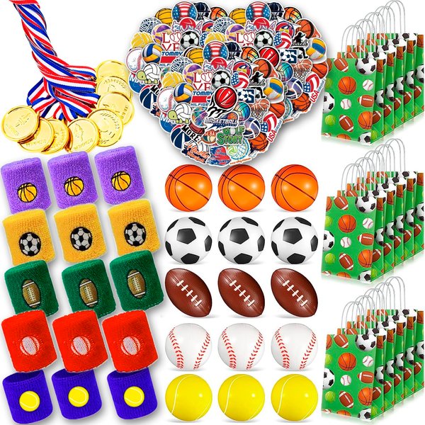 210 Pcs Sports Party Favors for Kids, with Golden Winner Awards Medals Wristbands Mini Foam Balls Treat Bags Waterproof Stickers for Basketball Football Baseball Soccer Tennis for Classroom Prizes