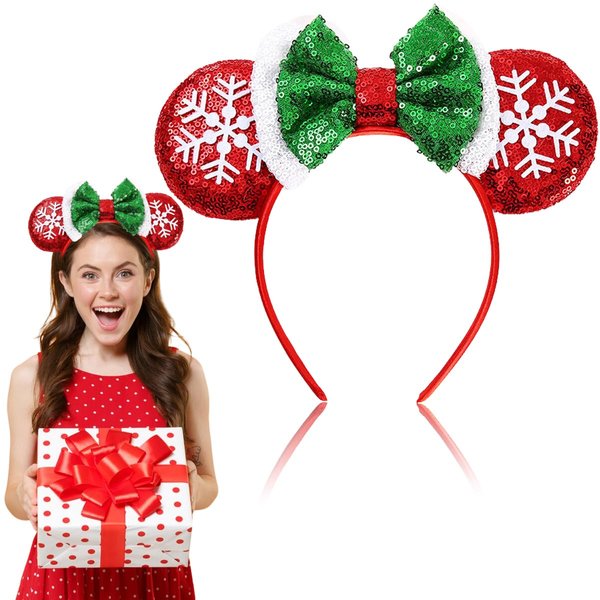 Christmas Headbands for Women Mouse Ears Hair Hoop Glitter Sequin Bow Headbands for Christmas Parties Green Red and Snowflake Hair Access 1PCS