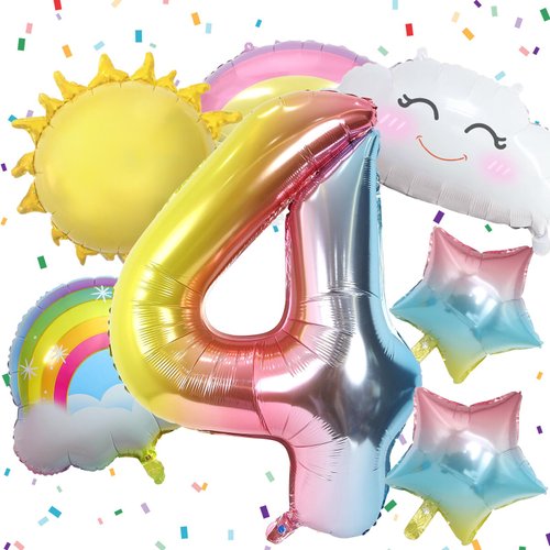 4th Birthday Decorations Girl, 4th Rainbow Birthday Balloons Set with Sun Rainbow Gradient Stars and 40 Inch Number 4 Foil Balloon for Rainbow Theme Girls 4th Birthday Party Decoration Supplies