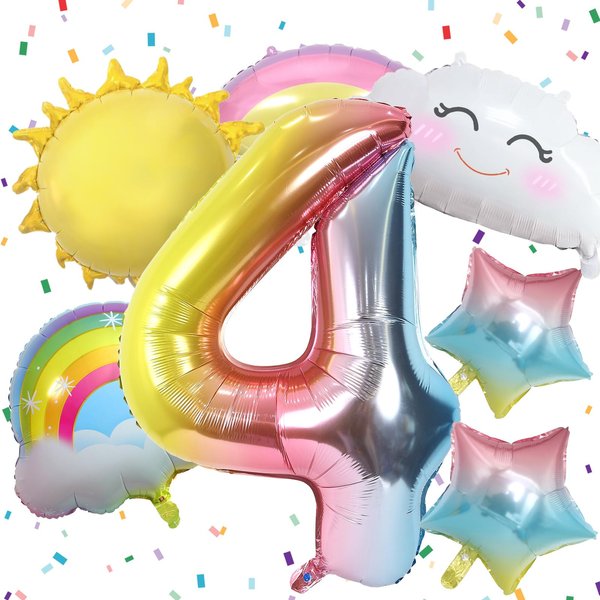 4th Birthday Decorations Girl, 4th Rainbow Birthday Balloons Set with Sun Rainbow Gradient Stars and 40 Inch Number 4 Foil Balloon for Rainbow Theme Girls 4th Birthday Party Decoration Supplies