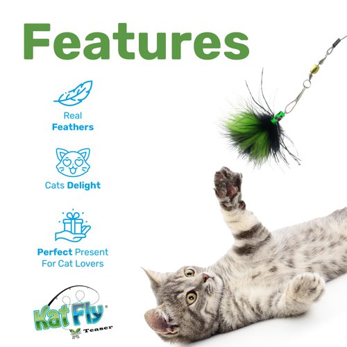Kat Fly Cat Wand Refill Teaser Toy - Interactive Cat Wand Toy Attachments for Indoor Cat and Kitten - Cat Toy with Real Feather Best Cat Toys for Bored Cats, Cat Teaser Toy - Bug (Green)
