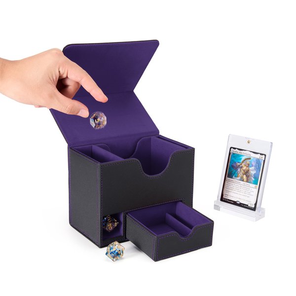 Venssu Card Deck Box for MTG Commander, Mtg Deck Box for Commander Display,Fits 100 Double-Sleeved Cards, 35pt Card Brick, Dice Tray and Dice Tower (Black and Purple)