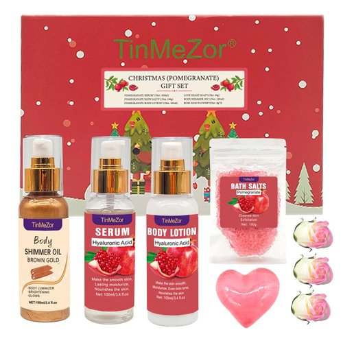 Pomegranate Skin Care Set,Skincare Gift Set With Body Shimmer Oil,Serum,Body Lotion,Sea Salt,Soap Flower- Christmas Set For Women,Bath Gift Set for Women,Bath And Body Gift Set