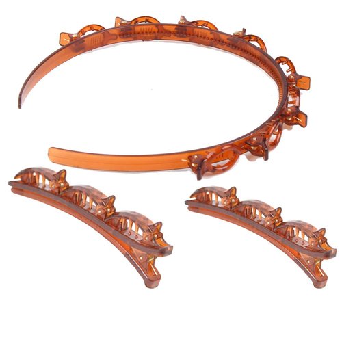 Double-layer Bang Hairstyle Headband - 1 Pack Elegant Bang Headband w/2 Pack Big Alligator Hair Clips, Hair Twister Tool Accessories for Women, Girls, Curly, Straight, Thick Hair (Brown Headband)