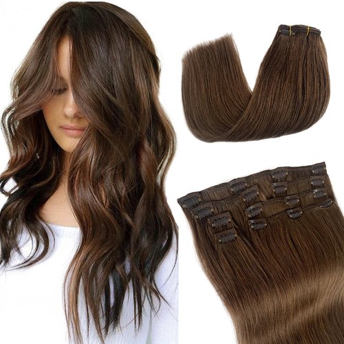 Clip in Hair Extensions Human Hair, Short Straight Medium Brown Clip in Extensions Double Weft 70grams 7pcs Clip ins Real Hair Extensions for Thin Hair 2-3 Sets for Full Head