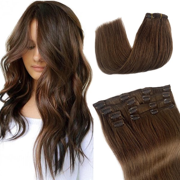 Clip in Hair Extensions Human Hair, Short Straight Medium Brown Clip in Extensions Double Weft 70grams 7pcs Clip ins Real Hair Extensions for Thin Hair 2-3 Sets for Full Head