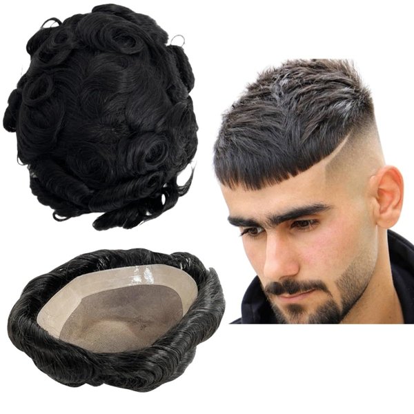 Toupee for Men Human Hair Mens Toupee Mono Base with NPU Around Hair Units Curly Wave Mens Wigs Toupee Hair Real Human Replacement System for Man Freestyle Natural Wig #1B Off Black (8x10")
