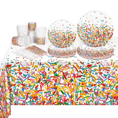 durony 97 Pieces Confetti Sprinkles Tableware Set Disposable Tablecloth Paper Cups Dessert Plates Beverage Napkins for Party Decorations Wedding Birthday Party Favors