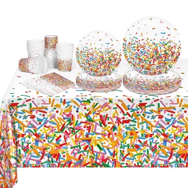 durony 97 Pieces Confetti Sprinkles Tableware Set Disposable Tablecloth Paper Cups Dessert Plates Beverage Napkins for Party Decorations Wedding Birthday Party Favors