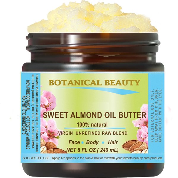Botanical Beauty SWEET ALMOND OIL BUTTER Pure Natural Virgin Unrefined RAW 8 Fl. Oz.- 240 ml for FACE, SKIN, BODY, DAMAGED HAIR, NAILS.