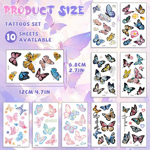10 Sheets Butterflies and Flowers Temporary Tattoos for Kids,Fake Tattoo Stickers for Women Girls Party Favors Supplies,Cute Waterproof Butterfly Cartoon Stickers