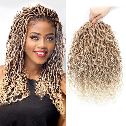 New Goddess Locs Crochet Hair 12 inch 8 Packs River Faux Locs Crochet Hair Curly Hair Boho Faux Locs Wavy Crochet with Curly Ends Boho Style Synthetic Hair Extensions (12" 8packs 27/613#)