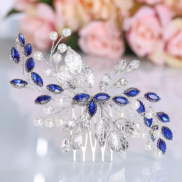 Unsutuo Bride Wedding Hair Comb Blue Rhinestone Bridal Hair Accessories for Wedding Hair Pieces for Women and Flower Girls