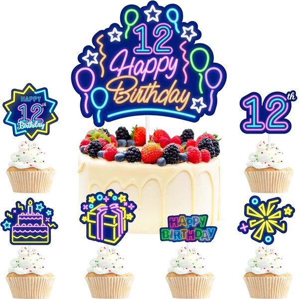 7pcs Neon Cake Toppers Set Kids 12th Birthday Happy Glow 80s 90s Decoration, Glow Crazy Party, Boy and Girl Glow Birthday Party, Anniversary Party Decoration Supplies, Birthday Gifts for Kids. LIANGSS