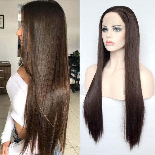 Jozlynn Dark Brown Lace Front Wigs Straight Darker Brown Hair Long Heat Resistant Synthetic Hair Half Hand Tied Wigs for Women Daily Wear (Chocolate Brown,Straight, 22 Inch)