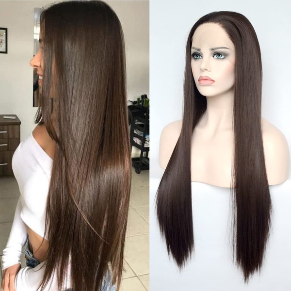 Jozlynn Dark Brown Lace Front Wigs Straight Darker Brown Hair Long Heat Resistant Synthetic Hair Half Hand Tied Wigs for Women Daily Wear (Chocolate Brown,Straight, 22 Inch)