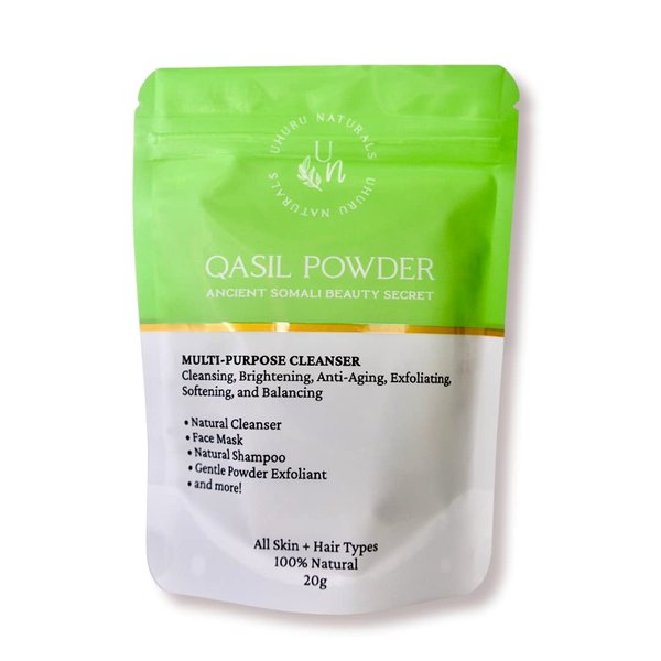 Uhuru Naturals Qasil Powder 20 Grams – Ancient Somali Beauty Secret, Gentle Deep Cleansing Facial Mask for Beautiful Glowing Skin. Reduces Dark Marks and Scars. Brightens. Detoxifies.