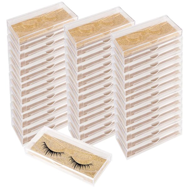 JAPCHET 40 Pack 4.3 × 2 InchesTransparent Empty Eyelash Case, Plastic Eyelash Case with Eyelash Tray and Gold Glitter Card Paper, False Eyelash Storage Box Case for Makeup Artists, Women