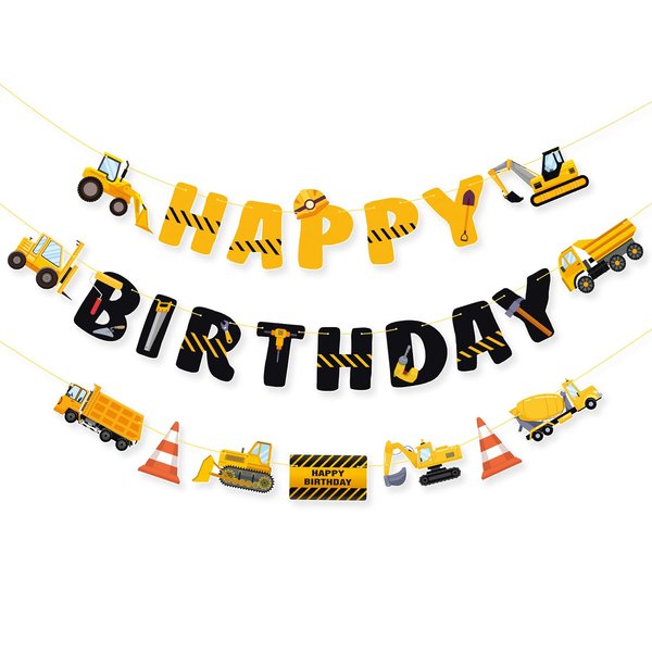 Construction Happy Birthday Party Banner - Pre-strung Construction Party Supplies Decoration Set for Boys Dump Truck Car Garland Vehicle Engineering Theme Party Favors for Birthday