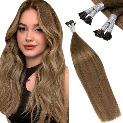LaaVoo Brown I Tip Hair Extensions Ombre Medium Brown with Light Brown to Golden Brown Hair Extensions Itips Human Hair 16" 50g 50s