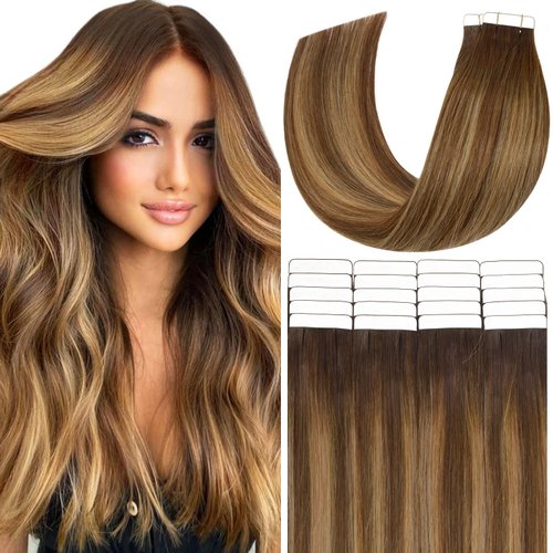 Anrosa 20pcs 50g Tape in Hair Extensions Ombre Chocolate Brown to Caramel Blonde Remy Human Hair Extensions Balayage Seamless Straight Real Hair Extensions Tape in Natural Hair 18 Inch