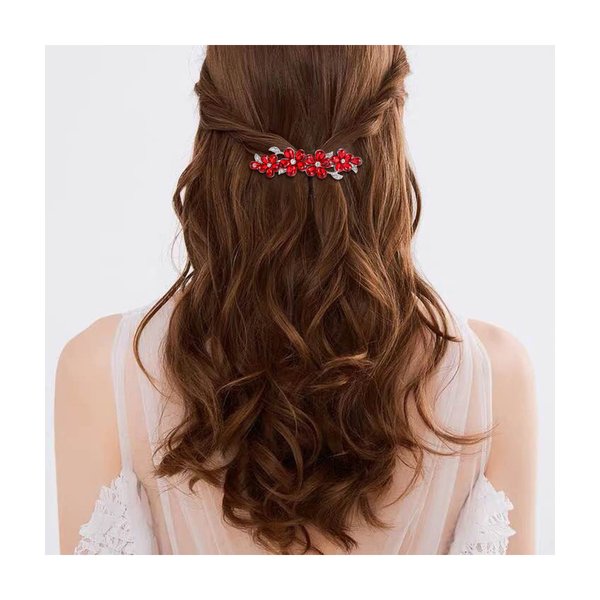 EVER FAITH Austrian Crystal Hair Barrette Clip, Gorgeous Plum Blossom Flower Teardrop Hair Clasps Accessorie for Women Red Silver-Tone