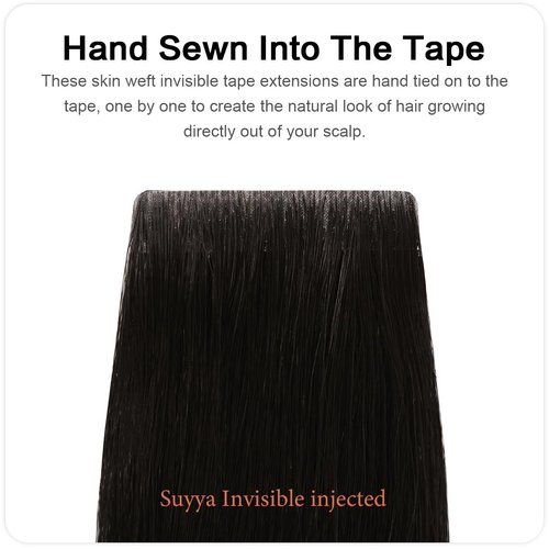 SUYYA Invisible Tape in Hair Extensions Human Hair Natural Black Seamless Injected Hand-Tied Pro Quality Virgin Human Hair 20PCS 40G/Pack Straight Tape Ins(16 inch #1B Off Black)