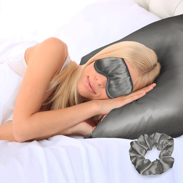 Ciana Luxurious Satin Pillowcase for Hair and Skin, Satin Pillowcase Set-2, 1 Eye Mask, 1 Scrunchie - Luxury Sleep Set, Pillow Case with Envelope Closure (King Size, Gray)