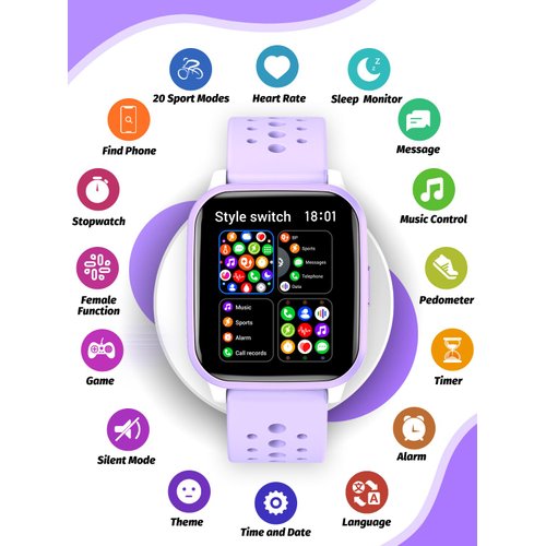 Butele Kids Smart Watch with Sleep Mode, 20 Sports Modes, 5 Games and Pedometer - Fun Birthday Gifts for 4-16 Year Olds (Purple)