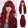 AKTSNYMPH Burgundy Wig with Bangs,Long Curly Wigs for Women,Real Natural Looking Synthetic Fiber Wavy Hair Wig for Daily Holiday Party Cosplay Use 26IN