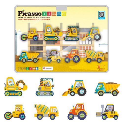 PicassoTiles Magnet Building Tile Blocks Addon 8 Magnetized Action Figures Construction Vehicle Zoo Animal Theme Compatible with Magnetic Build Tiles Playset STEM Learning Girls Boys Ages 3+ PTA21