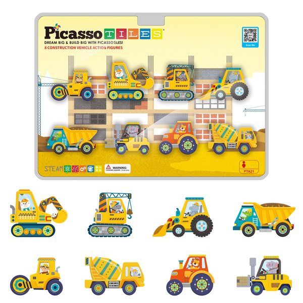 PicassoTiles Magnet Building Tile Blocks Addon 8 Magnetized Action Figures Construction Vehicle Zoo Animal Theme Compatible with Magnetic Build Tiles Playset STEM Learning Girls Boys Ages 3+ PTA21