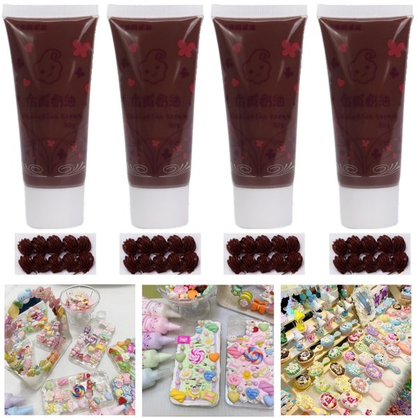 Cream Glue for DIY Crafts, 4pcs (50ml Each) White Decoden Cream DIY Phone Case Kit with 4pcs Piping Tips, Perfect for Handmade Crafts and Decorations (Coffee)