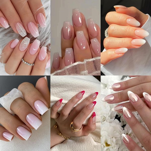 6 Packs (144 Pcs) Almond Press on Nails Pack, OPkssnails Press on Nails Almond and Medium Square, Reusable Glue On Nails, Short Fake Nails Ballet Nails Kits with Adhesive Tabs Nail File for Women
