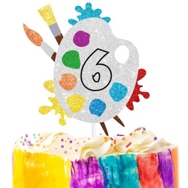 6th Slime Cake Topper - Art Themed Palette Painting Graffi Boy Girl Happy Birthday Party Decorations Supplies - Six Years Old Birthday Cake Decor