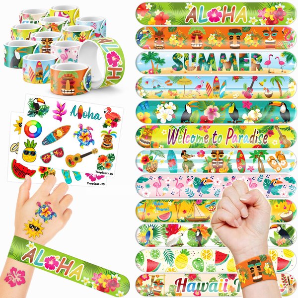 Cherisnowy 48 PCS Tropical Party Favors 24PCS Tattoos Stickers 24PCS Slap Bracelets Wristbands Perfect for Themed Birthday Baby Showers or Classroom Rewards Ideal Decor and Gifts for Girls and Boys