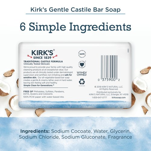 Kirk's Castile Bar Soap Clean Soap for Men, Women & Children| Premium Coconut Oil | Sensitive Skin Formula, Vegan | Original Fresh Scent | 4 oz. Bars - 3 Pack