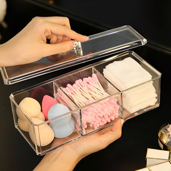 Sooyee Qtip Holder Rectangle Cotton Ball and Swab Holder Organizer with Lid, Dustproof,Waterproof,Clear Acrylic 3 Compartment Cotton Pad Container for Cotton Swabs, Make Up Pads, Cosmetics