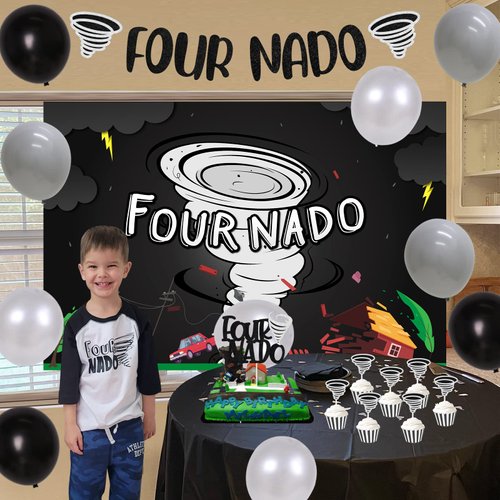 Sursurprise Tornado Birthday Party Decorations, Fournado 4th Fourth Birthday Party Supplies, FOUR NADO Backdrop Banner Cake Topper Balloons for 4 Years Old Boys Girls