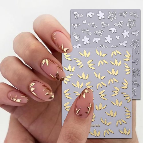 8 Sheets Flower Nail Stickers for Nail Art, 3D Self-Adhesive Bronzing Flowers Nail Decal Gold Silver Flowers Leaves Nail Design Nail Art Stickers Spring and Summer Nail DIY Decorations for Women
