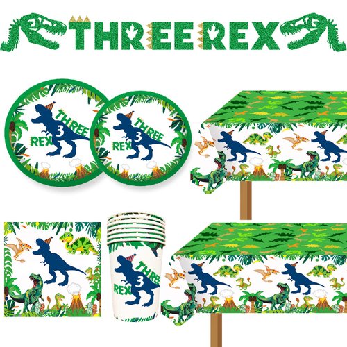 Dinosaur Birthday Party Supplies 3 Year Old Boy Three Rex Plates Napkins and Cups Banners Table Cloth Three Rex Birthday Party Decorations for Boys T-Rex 3 Rex Dinosaur Birthday Party Supplies