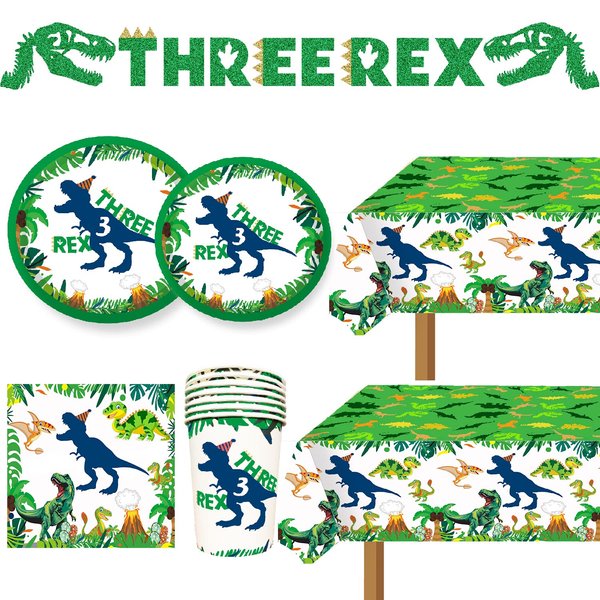 Dinosaur Birthday Party Supplies 3 Year Old Boy Three Rex Plates Napkins and Cups Banners Table Cloth Three Rex Birthday Party Decorations for Boys T-Rex 3 Rex Dinosaur Birthday Party Supplies