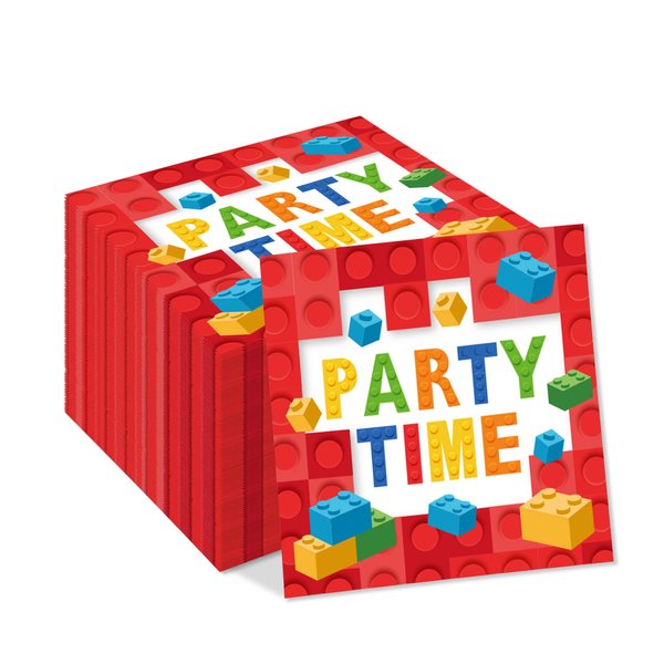 40PCS Building Blocks Themed Paper Napkins Toy Brick Dinner Paper Napkin Set Disposable for Birthday Party Supplies Tableware Decoration