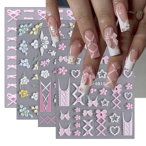 Flower Nail Stickers for Nail Art 5D Embossed Bow Nail Art Stickers Colorful Flowers Nail Decals Cute Pink Bow Nail Design Floral Nail Sticker for Women Girls Manicure Decoration Accessories (4Sheets)