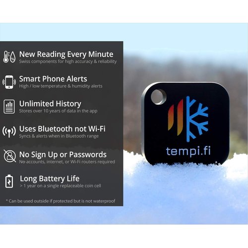 tempi.fi Mini Wireless Temperature and Humidity Sensor - Developed in The USA - 24/7 Data Logger with Alarm – Bluetooth Smart Thermometer and Hygrometer - Monitor Refrigerator Freezer Pets (T3)