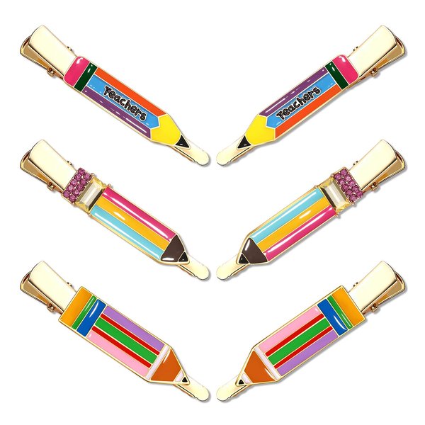 HZEYN 6 Pack Teacher Hair Clips Funny Pencil Hair Clips Teacher Appreaction Gifts Back To Shool Hair Accessories for Teachers Student Rainbow 6Pack