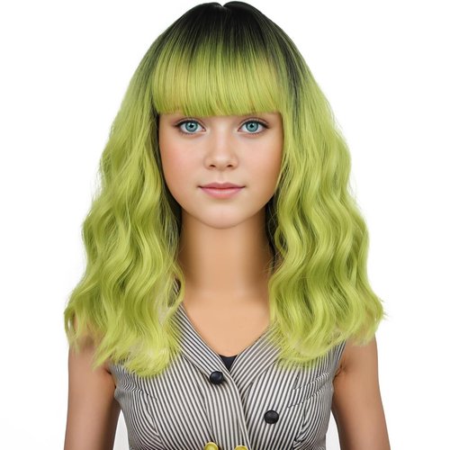 PATTNIUM Kids Ombre Green Wig Short Ombre Green Wig for Girls Green Bob Wig with Bangs Child Curly Wavy Synthetic Wig with Wig Cap