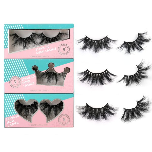 SY LASHES 25mm Mink Lashes 3D Real Mink Eyelashes Fluffy Dramatic False Eyelashes 6D Wispy Long Thick Handmade Luxury Volume Strip Eye Lashes (3 Pairs, Doll Honey Queen)