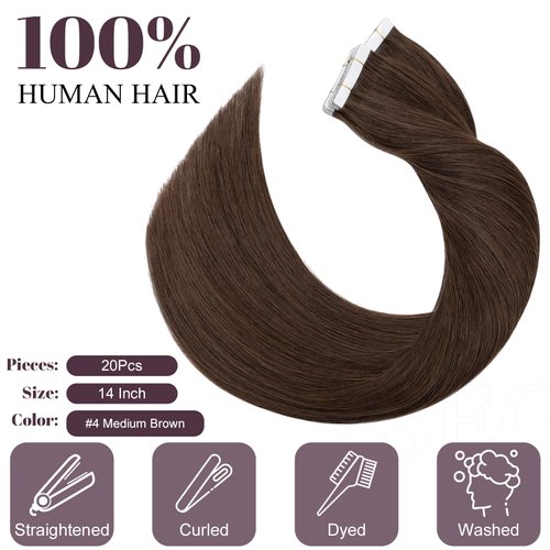 SEGO Tape in Hair Extensions Human Hair,Medium Brown 14 Inch 40g/pack 20 pcs,100% Remy Human Hair Extensions Seamless Straight Silky Soft for Women (14 Inch #4 Medium Brown)