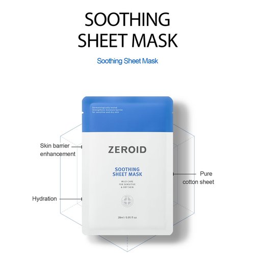 ZEROID Soothing Sheet Mask Mild Care for Sensitive and Dry Skin with 28 ml of serum in each mask (5 masks)